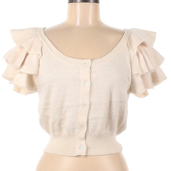 NEW French Connection XS Cream/Tan Layered Sleeve Angora Cardigan Sweater - Picture 6 of 6